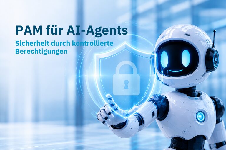 Illustration eines freundlichen AI-Roboters neben einem digitalen Sicherheitsschild mit Schloss-Symbol. Text im Bild: ‚PAM für AI-Agents – Sicherheit durch kontrollierte Berechtigungen.