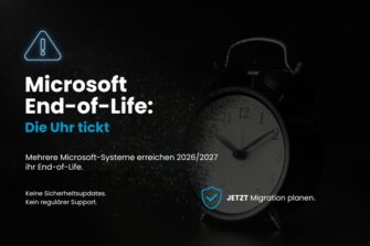 Infographic on Microsoft’s end-of-life policy, featuring an alarm clock and a reminder about the expiring support for Microsoft systems, as well as the need for timely migration planning.