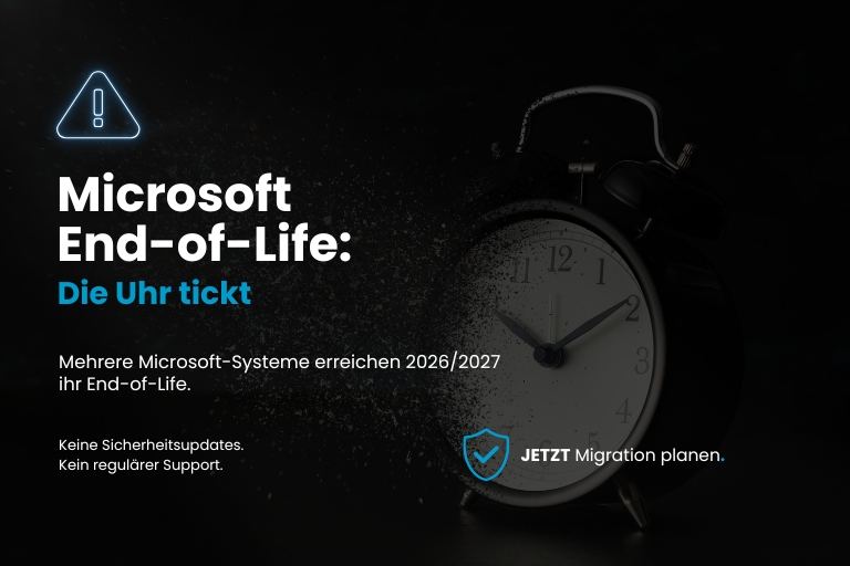 Grafik zum Microsoft End-of-Life mit Wecker und Hinweis auf auslaufenden Support für Microsoft-Systeme sowie rechtzeitige Migrationsplanung.
